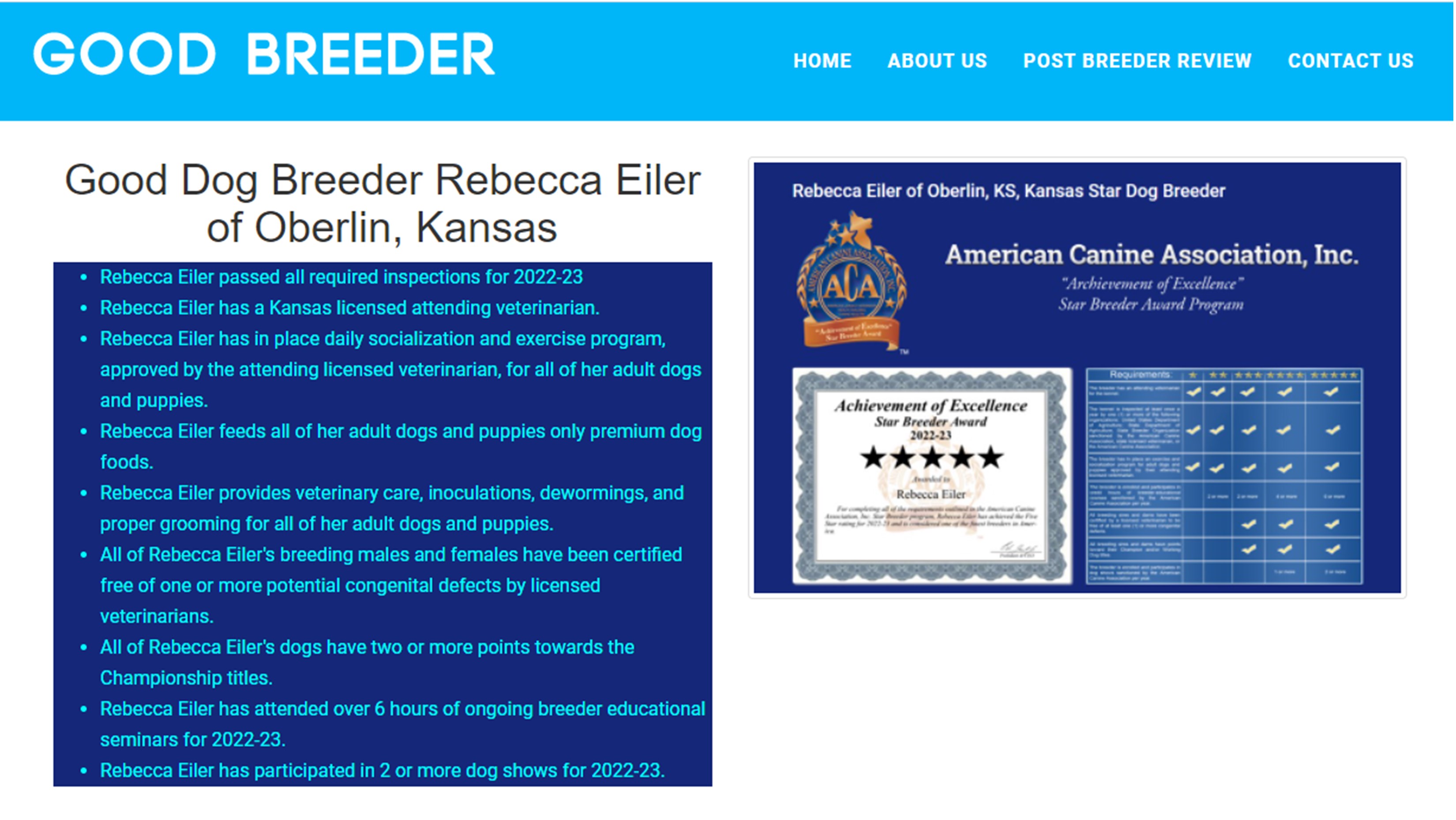 Good Dog Breeder Qualifications for Rebecca Eiler