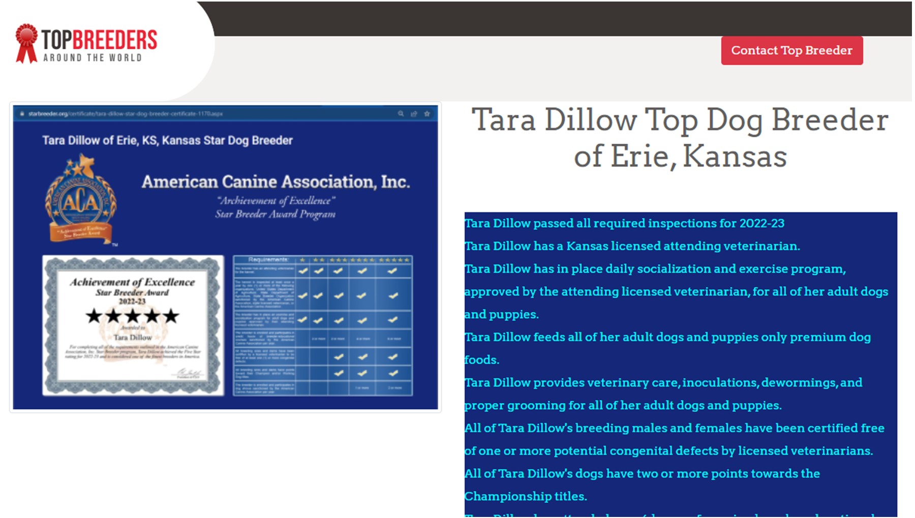 Top Breeder Award for Tara Dillow Dog Breeder